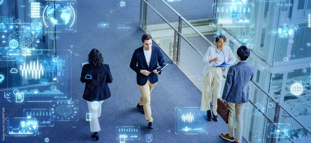 Poster digital technology concept with multinational people meeting in lobby.