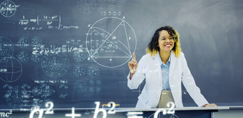 Black female teacher giving class and science education concept.