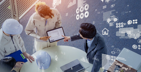 Multinational businesspeople and engineers meeting in lobby and data statistics concept.