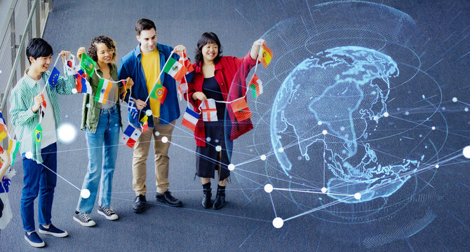 Multinational people with national flags and global network concept.