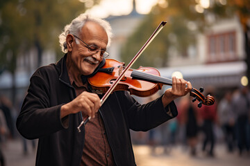 A senior old man in glasses and black jacket playing violin happily on street in daytime