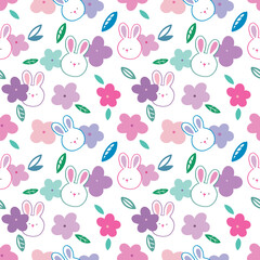 Seamless Pattern with Cartoon Rabbit Head and Flower Design on White Background