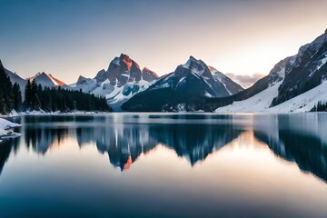 Snow capped mountain crests rising over a solidified lake, making a magnificent vista. Creative resource, AI Generated - obrazy, fototapety, plakaty