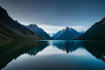 Fototapeta na wymiar A calm lake reflecting the brilliant mountain peaks that cement it. Creative resource, AI Generated