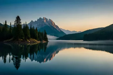 Foto op Plexiglas Reflectie A cloudiness secured mountain lake with evergreen trees reflected on its sparkly surface. Creative resource, AI Generated