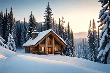 Fotobehang Arrange a charming cabin settled in a cold forest, included by towering evergreens. Creative resource, AI Generated © DEER FLUFFY