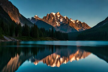 A calm lake reflecting the encompassing mountains and sky like a reflect. Creative resource, AI Generated