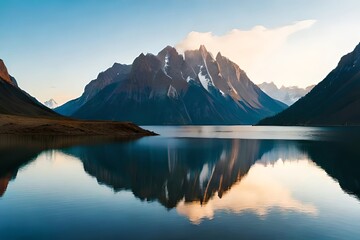 A calm lake reflecting the enveloping mountains and sky like a reflect. Creative resource, AI Generated