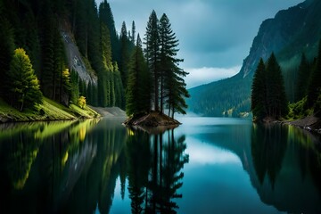 A cloudiness secured mountain lake with evergreen trees reflected on its sparkly surface. Creative resource, AI Generated