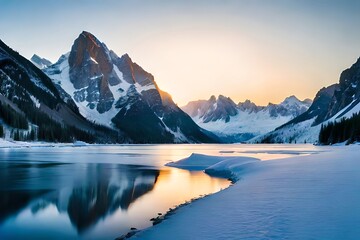 Snow capped mountain peaks rising over a cemented lake, making a wonderful vista. Creative resource, AI Generated