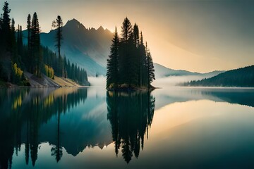 Fototapeta na wymiar A cloudiness secured mountain lake with evergreen trees reflected on its sparkly surface. Creative resource, AI Generated