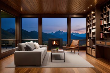 Outline a cozy cabin insides with a thundering chimney, extravagant easy chairs, and hung with care. Creative resource, AI Generated - obrazy, fototapety, plakaty