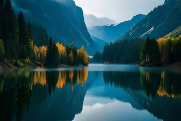 Badezimmer Foto Rückwand Reflection A cloudiness secured mountain lake with evergreen trees reflected on its sparkly surface. Creative resource, AI Generated