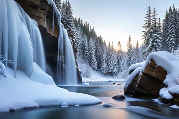 A set waterfall with icicles and snow secured rocks, capturing the center of winter. Creative resource, AI Generated - obrazy, fototapety, plakaty