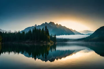 Peel and stick wall murals Reflection A cloudiness secured mountain lake with evergreen trees reflected on its sparkly surface. Creative resource, AI Generated