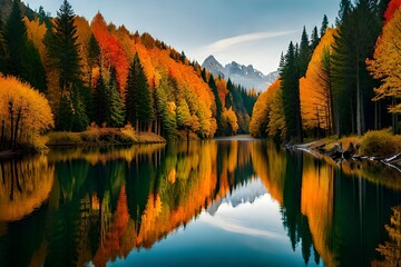 A peaceful lake reflecting the dynamic colors of harvest time foliage encompassing it. Creative resource, AI Generated