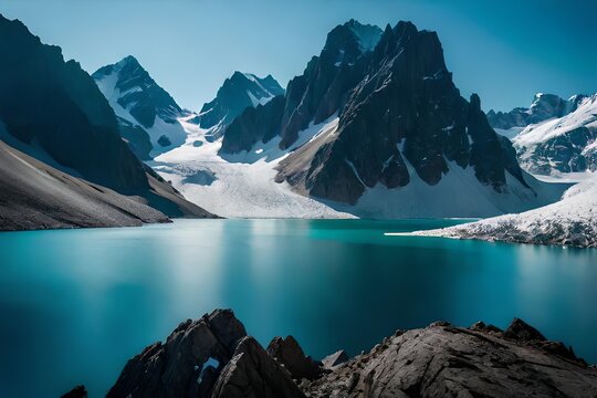 A idealize snow capped lake settled inward parts the center of towering ice sheets and snow capped peaks. Creative resource, AI Generated