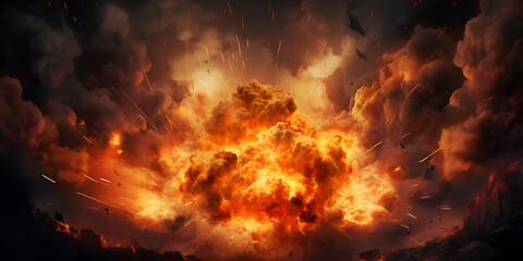 Realistic fiery explosion busting over a black background. Big explosion with smoke and fire