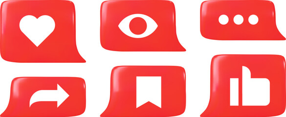 Social media reaction set with heart like, viewer counter, comment, share, bookmark or save and thumb up on red speech bubbles. Digital content pop up notification.