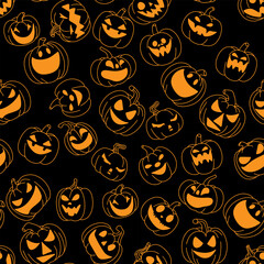 Jack o lantern seamless pattern. Halloween pumpkin seamless pattern on dark background. Vector  illustration.