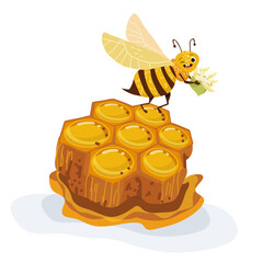 Vector illustration of a cartoon character of a bee with honeycombs and linden flowers.