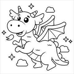 Cute dragon coloring page for kids, Cartoon vector dragon coloring page illustration, Hand drawn fantasy baby dragon drawing contour for coloring book. Baby dragon coloring page for kids. 59