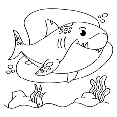 Shark coloring page. Black and white cartoon illustration. Great White Shark Coloring Colored Illustration. Shark coloring pages for kids. Shark line art. A coloring sheet for kid in learning. 58