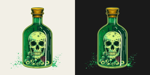 Hand drawn bottle of green poison with human skull, eyeballs, mushrooms inside. Halloween creepy illustration in vintage style