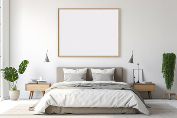 Fototapeta na wymiar Coastal style modern bedroom interior design with blank mock up poster frame