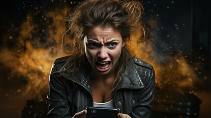 person screaming on cell phone, furious, jealous - obrazy, fototapety, plakaty
