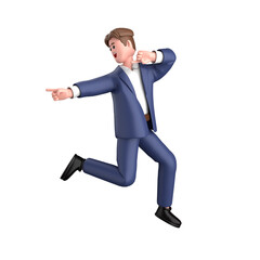3d businessman executive  pose wearing suit standing holding a laptop pointing advertising isolated on transparent background, 3d rendering