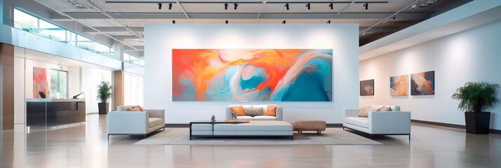 sleek and modern corporate office lobby with minimalist decor, a large reception desk, and contemporary art installations.