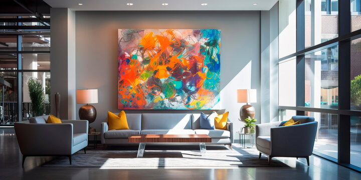 Chic urban apartment lobby with a statement art piece, modern seating, and industrial accents.