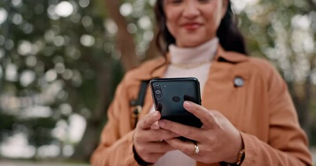 Hands, typing and woman outdoor with phone for social media, communication and chat, email or post on blog. Contact us, online and person click on mobile app, website or search on internet for info - Powered by Adobe