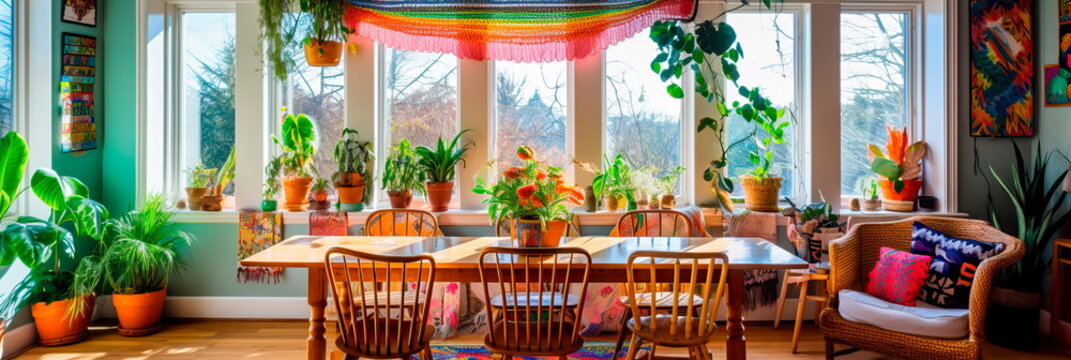Bohemian-inspired eclectic dining room with mix-and-match chairs, colorful textiles, and hanging plants.