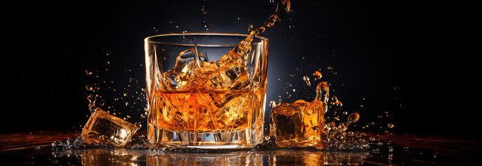Isolated shot of whiskey with splash on dark background Free space for text