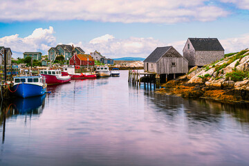Peggy's Cove Seascape with moored boats and weathered seaside sh