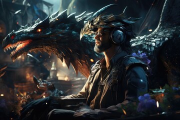 Man wearing virtual reality headset and surreal dragon. VR goggles. Generative AI
