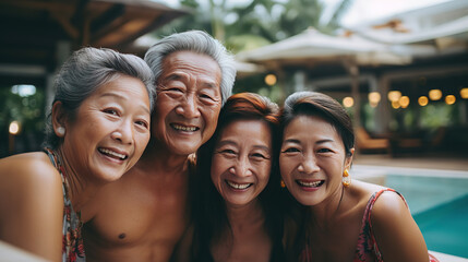 Fototapeta premium Happiness Asians friend senior elder travel in villa pool