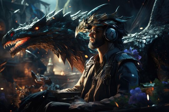 Man wearing virtual reality headset and surreal dragon. VR goggles. Generative AI