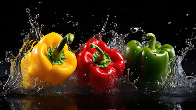 Green, red and yellow peppers flying on dark background with splash of water