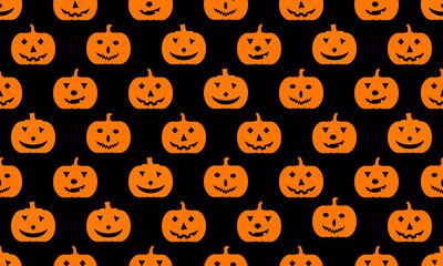 Fototapeta premium Orange Halloween pumpkin seamless pattern on black background. Vector Halloween Illustration.