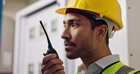 Man, construction worker and radio communication, maintenance and upgrade in control room with inspection. Technician, walkie talkie and engineering, contractor or electrician with quality assurance