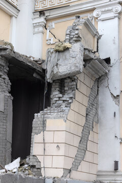 Building of an Orthodox church in Odessa destroyed by rocket during war Ukraine - Russia. Broken wall cracks Orthodox icons, crosses, religious paintings, mosaics destroyed as a result of hostilities