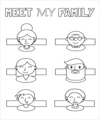 A happy family. Parents with children. Cute cartoon dad, mom, daughter, son and baby. Illustration for coloring books. Monochrome and colored versions. Worksheet for children and adults.
