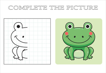 Complete the picture of a Frog. Copy the picture. Coloring book. Educational game for children. Cartoon vector illustration. Complete the picture. Coloring book. Educational game for children. 75