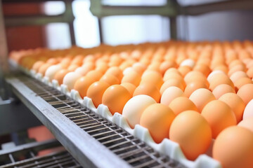 Chicken eggs move along a conveyor in a poultry farm. Food industry concept, chicken egg production.