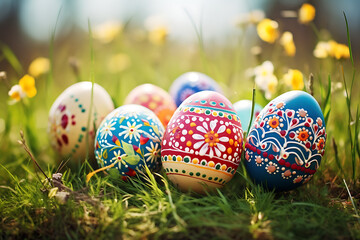 Fototapeta na wymiar Colorful Easter Eggs in outdoor settings