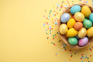 Fototapeta na wymiar Colorful Easter Eggs in a basket. Isolated Yellow Background.