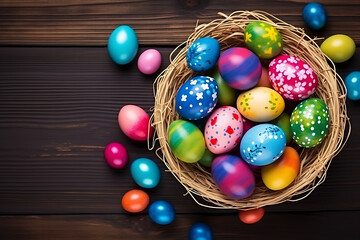 Fototapeta na wymiar Colorful Easter Eggs in a basket. Wooden Table Background